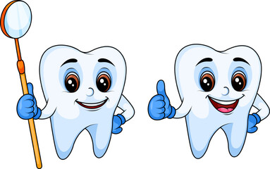 Сute cartoon tooth characters set with brushing and laughing dental mascots