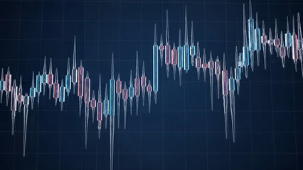 Chart of Japanese candlesticks on a digital monitor in analytical style, cool blue and neon pink shades, visualization of stock market volatility and cryptocurrencies, the concept of financial trading