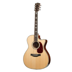 Obraz premium Acoustic Guitar in Natural Wood Tone with Dark Neck and Red Pickguard in Soft Studio Lighting for Music Advertising