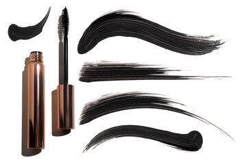 black mascara cosmetic makeup product mockup with flat lay view and ink brush stroke smudge swatch
