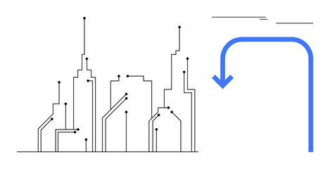 Abstract city skyline merged with circuit board elements and a bold arrow symbolizing progress and flow. Ideal for technology, innovation, future cities, smart systems, urban planning, connectivity