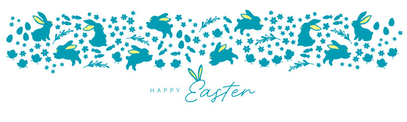 Obraz premium Easter horizontal banner with white bunny silhouettes, flowers and eggs on background, spring holiday vector