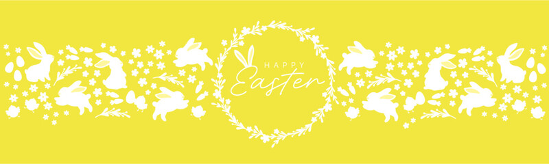 Obraz premium Easter horizontal banner with white bunny silhouettes, flowers and eggs on background, spring holiday vector