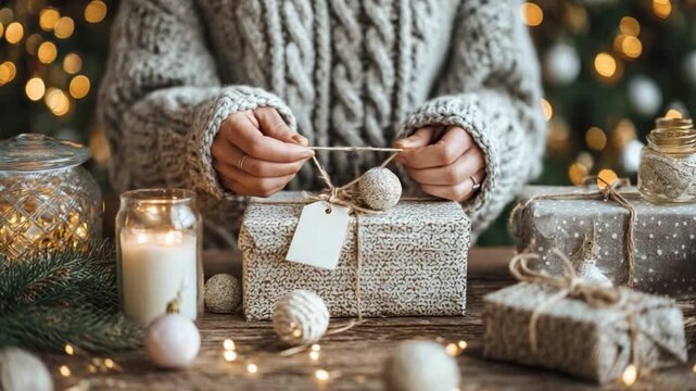 Christmas Gift Wrap: A person lovingly prepares a selection of meticulously wrapped gifts, adorning each with delicate twine, ensuring every present radiates warmth.