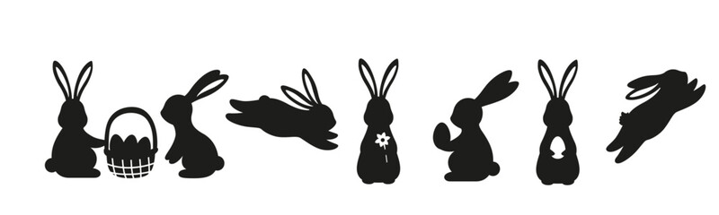 Easter horizontal banner with white bunny silhouettes, flowers and eggs on background, spring holiday vector