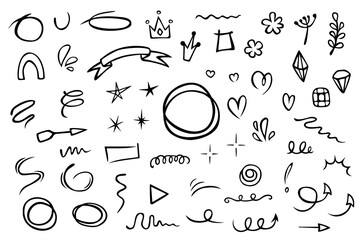 Hand drawn set of doodles. Vector collection of cute elements: hearts, diamonds, сrown, flowers, frames and others.