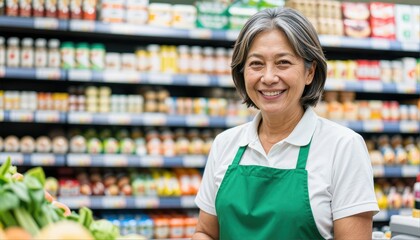 Grocery store employee assisting customers supermarket portrait indoor close-up community engagement