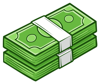 Vibrant green stacks of banded currency notes in a playful cartoon style symbolizing finance and prosperity
