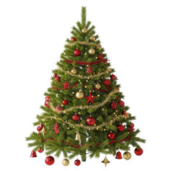 Christmas Tree Decoration in Festive Atmosphere with Red and Gold Ornaments in Soft Warm Lighting for Holiday Greeting Cards