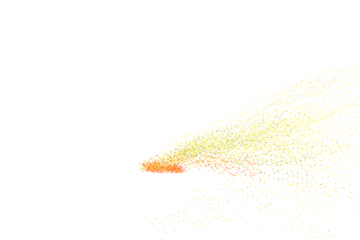 Warm orange and yellow comet of glittering particles streaking across bright white, a fiery spray of light that fades gradually into a soft golden mist of shimmering dust


