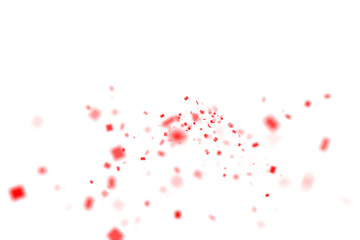 Soft shower of glowing red squares drifting upward across a clean white sky, tiny pixels of color spreading like playful digital confetti frozen in a lighthearted celebration of joy

