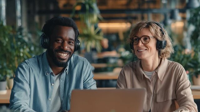Collaborative Creativity: Two individuals, engaged and focused, work together with headphones on, immersed in their creative pursuits. 