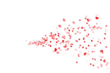 Stream of bright red hearts bursting from the left and expanding outward, a playful jet of love confetti racing across a white background like an arrow of joy and affection

