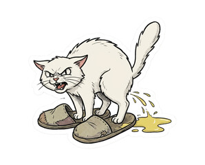 cat stands on a pair of slippers with a displeased expression. It is urinating on the slippers showing clear signs of defiance. The scene captures a playful moment of mischief.