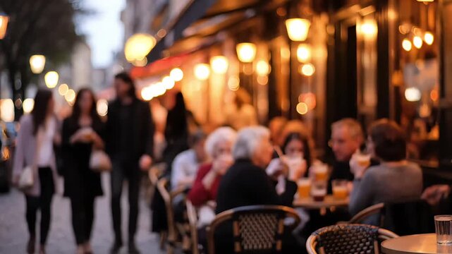 Cinematic urban cafe street scene with people walking past outdoor cafes, intentionally blurred video look, soft motion blur and shallow depth of field