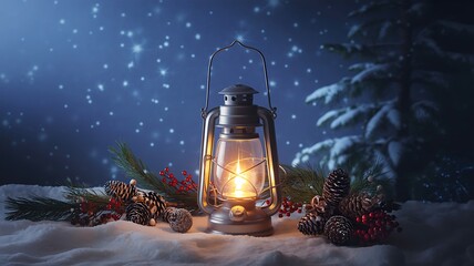 Cozy winter lantern in snowy forest