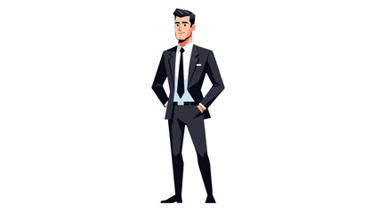 Obraz premium Confident Young Businessman Standing with Hands on Hips, Wearing a Stylish Black Suit and Tie on an isolated white background.