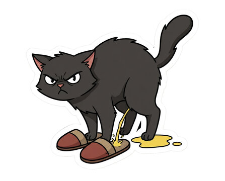 naughty cat stands on a pair of sandals and is peeing on them in a messy living room. The scene shows the cat with an angry expression and the yellow liquid pooling below.