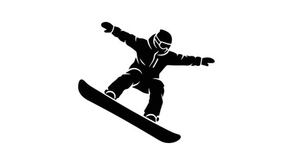 Dynamic Snowboarder Icon in Mid-Air Action with Goggles and Helmet on Isolated White Background © Shella