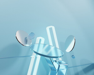 3D rendering abstract clear and blue light platform cosmetic podium product presentation background	
