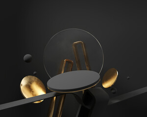 Round Black and Gold podium with dark background product showing 3d rendering	
