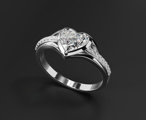Silver Platinum Heart Diamond Ring Isolated on Black Background 3D Rendering	
