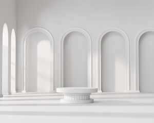 Minimal White Podium Platform For Product Display Showcase with Hall Background 3D Rendering	
