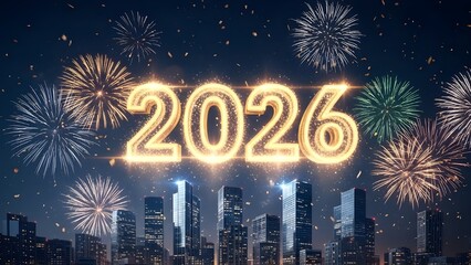 Happy New Year 2026 celebration featuring golden fireworks illuminated skyline midnight city luxury cinematic festival atmosphere sparkling confetti modern future hope elegance resolution ultra