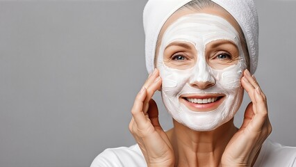 Mature woman with facial mask smiling while applying skin care treatment, showcasing healthy skin and self-care routine in a serene, spa-like environment with soft lighting and calming ambiance