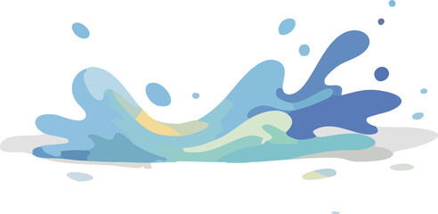 An abstract illustration shows a flowing splash of cool blue and aqua liquid with soft gradients and scattered droplets against
