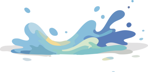An abstract illustration shows a flowing splash of cool blue and aqua liquid with soft gradients and scattered droplets against