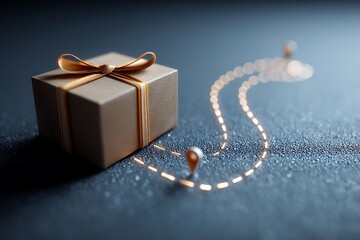 A beautifully wrapped gift box with a golden ribbon, symbolizing a journey to a destination with map pins.