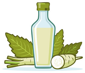 Horseradish condiment illustration: Root vegetables, leaves, and filled glass bottle creating a savory flavor enhancer