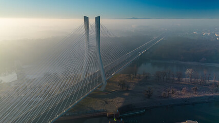 redzinski bridge in the fog wroclaw lower silesia poland.	