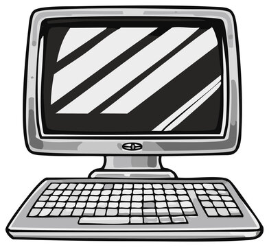 Vintage desktop computer with CRT monitor and keyboard in a retro grayscale illustration style