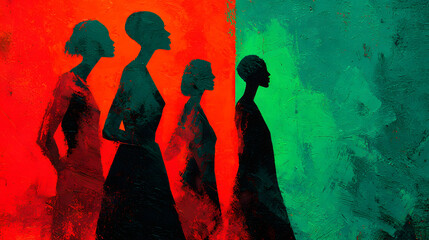 Black silhouettes of women, vibrant green and red background. Possible use social justice, civil rights