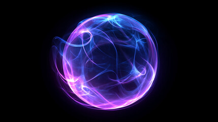 Neon plasma energy sphere centered on black background