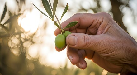 Close-up of a farmer's hand holding a branch with fresh green olives in an olive grove during sunset, harvest concept.