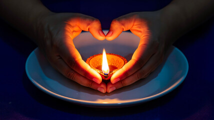 Hands forming a heart shape around a lit clay diya candle  