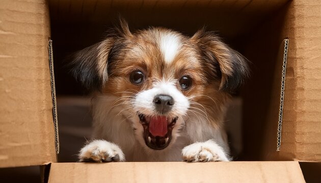 a small dog trapped inside a cardboard box barking frantically shelter brown