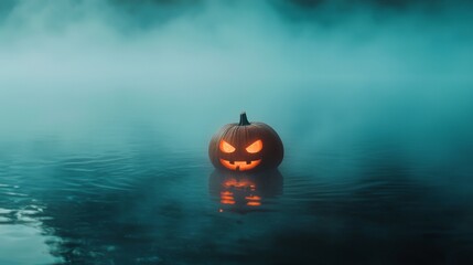 Spooky jack-o'-lantern floating in a foggy lake during a mysterious Halloween night