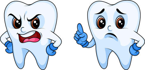Сartoon tooth characters with different emotions dental mascot set