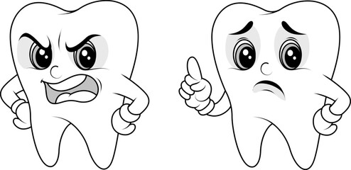 Cartoon tooth characters line art dental mascot outline set