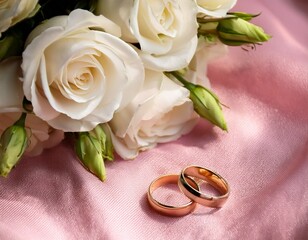 close up top view of a bouquet of white roses and wedding rings on a pink fabric background featuring high resolution photography with soft shadows and sharp focus