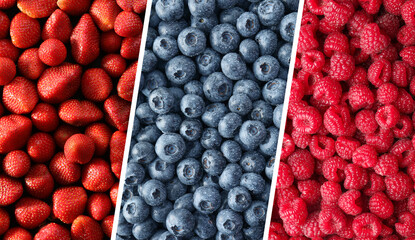 Collage of different fresh berries. Strawberries, blueberries and raspberries