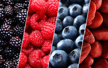 Collage of different fresh berries. Strawberries, blueberries, raspberries and blackberries