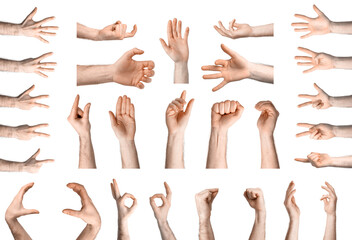 Male hands isolated on white. Collection of gestures