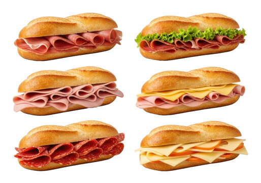 Six fresh baguette sandwiches with cured ham, cooked ham, ham & lettuce, spicy salami, and various cheeses, isolated on a transparent background. Concept of delicious, high-quality meal options