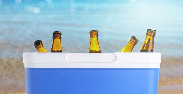 Bottles of beer in cooler box near sea. Refreshing summer drink
