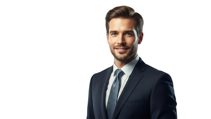 Smiling businessman in suit with blue tie in professional studio lighting for corporate branding